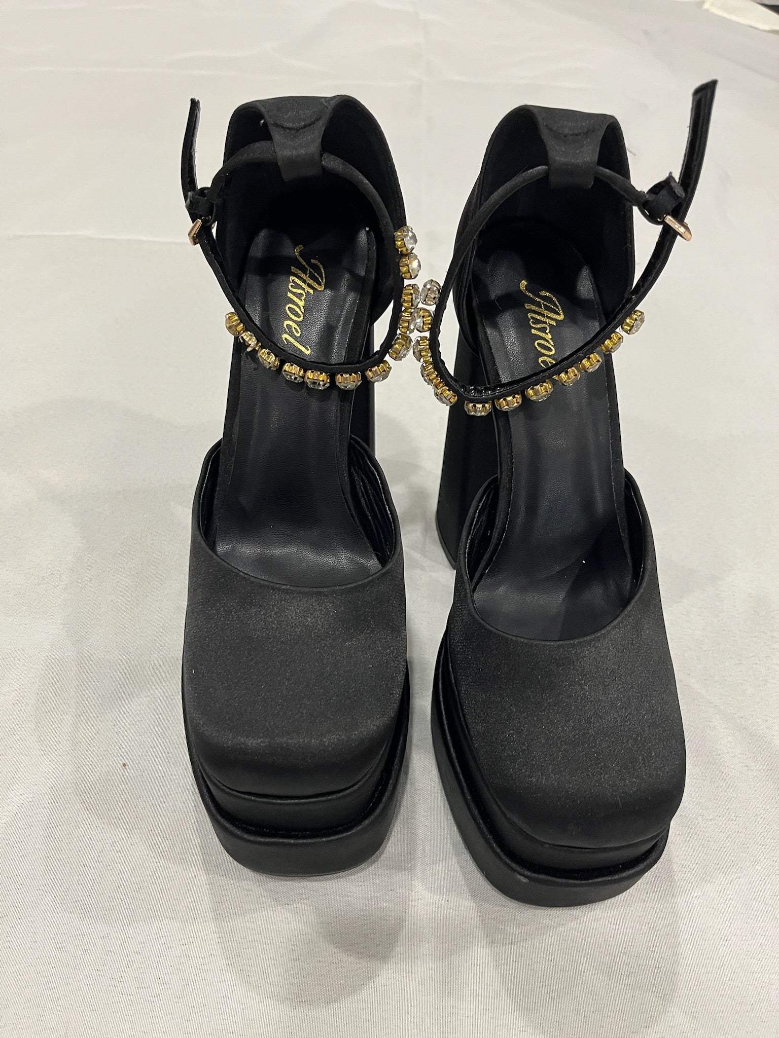 Women’s Black Chunky Heels With Rhinestone Ankle Strap image 0
