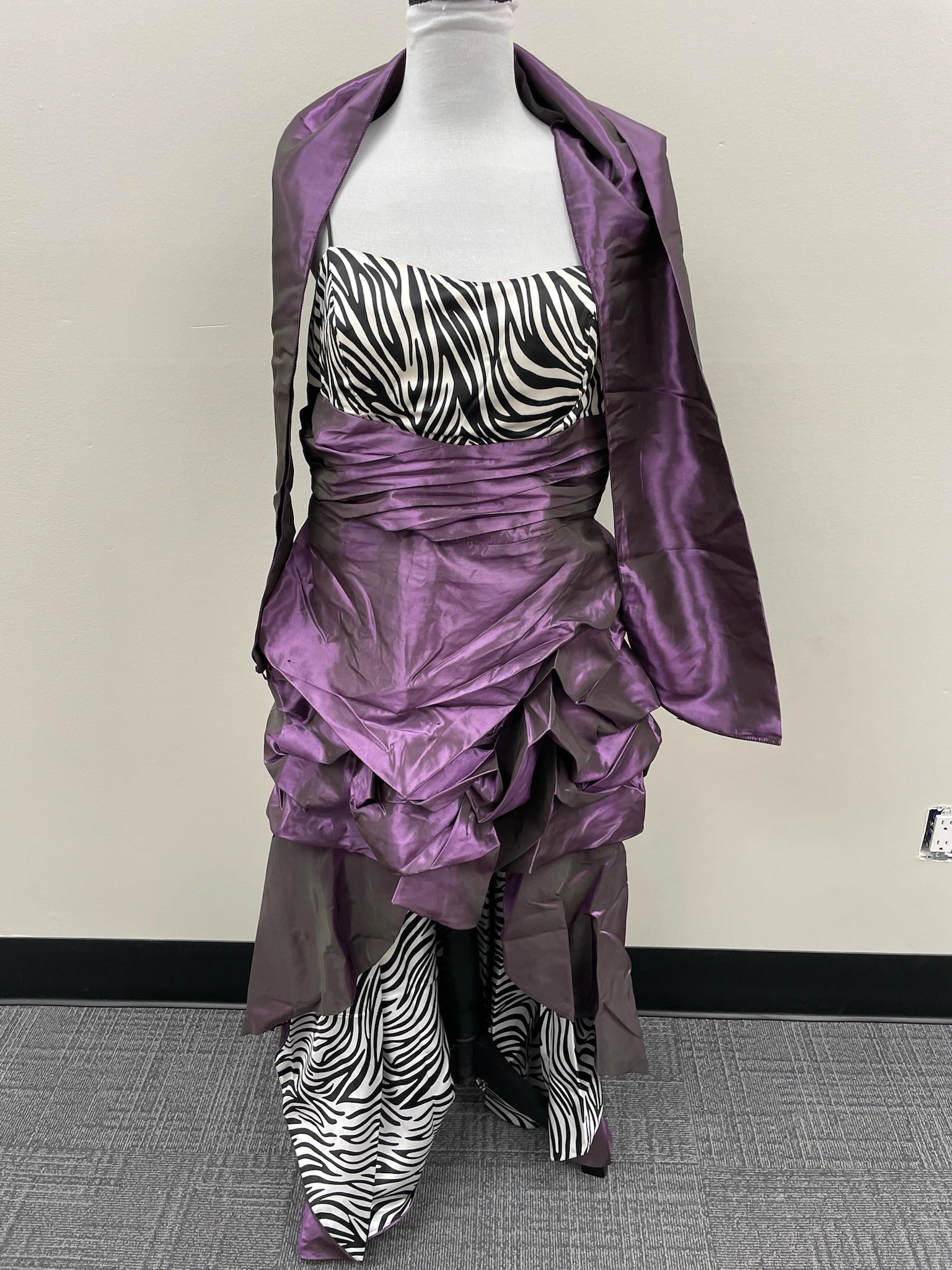 Women’s High Low Purple Zebra Print Formal Dress & Matching Shaw