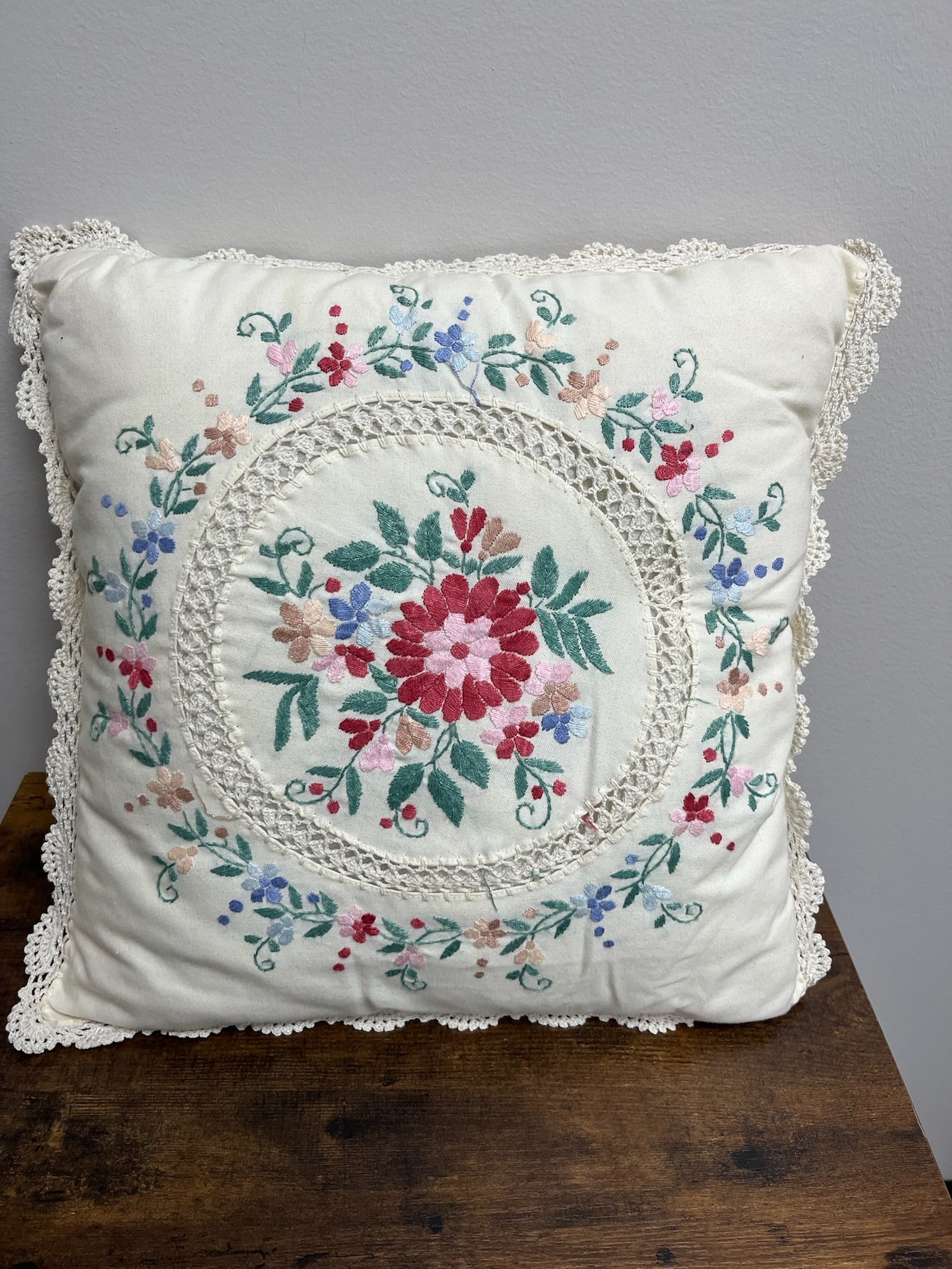 Used Vintage Embroidered Pillow Case With Pillow