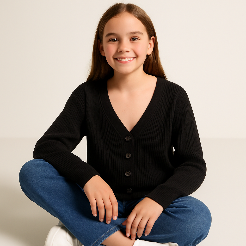 Girls Black Button Up Sweater