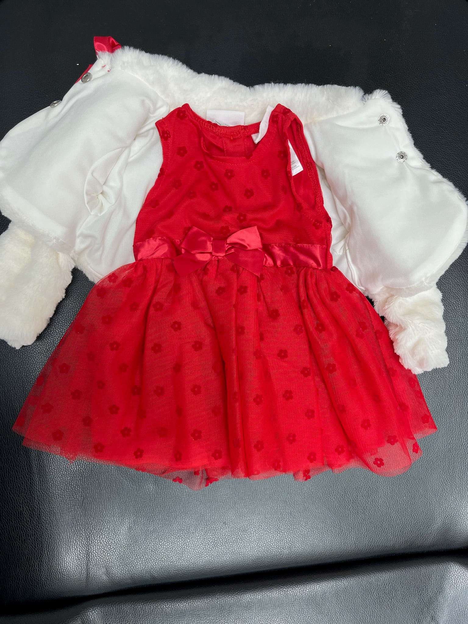 Three Piece Girls Red Dress, Underwear & White Fuzzy Sweater