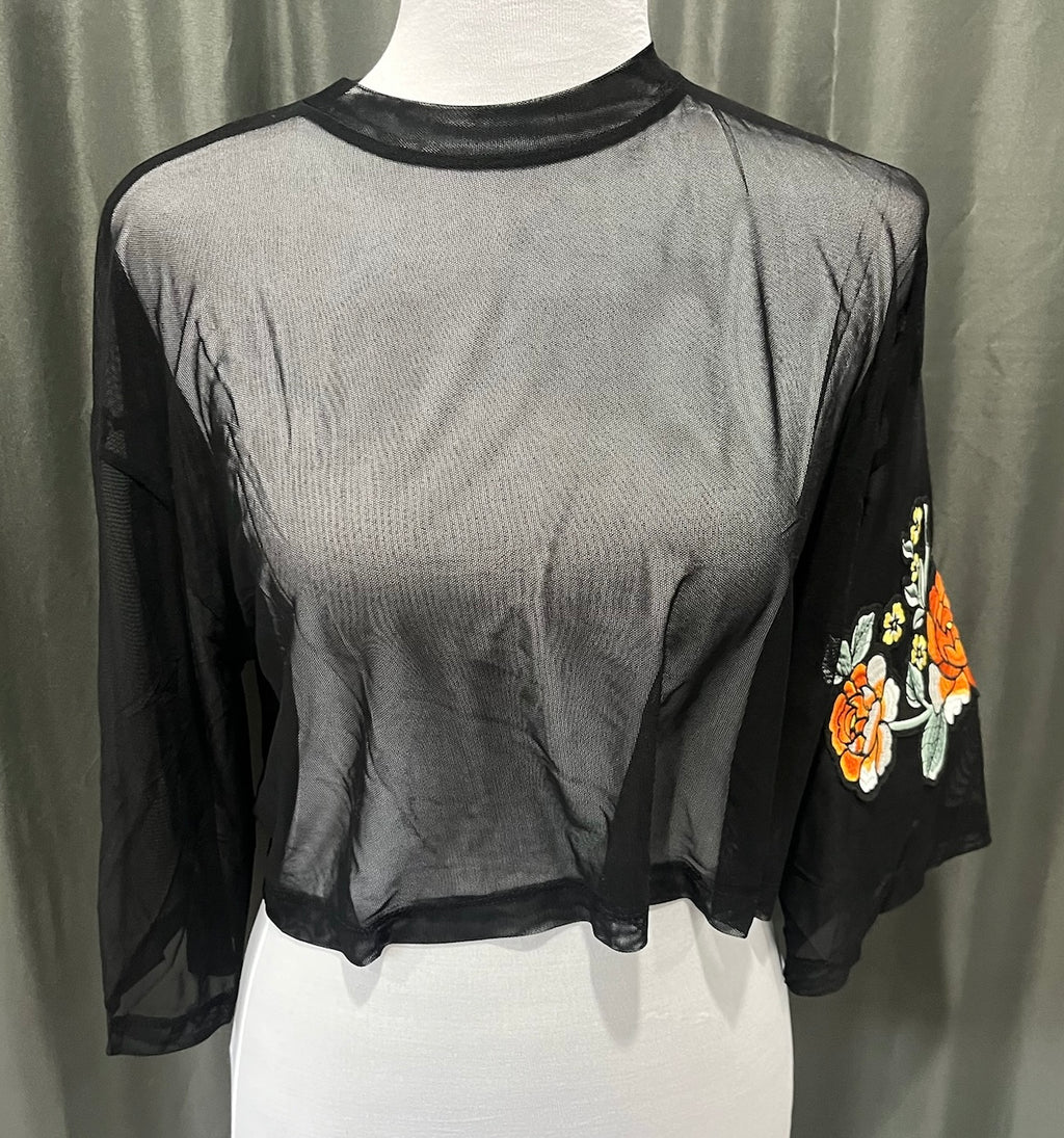 Women’s Black Mesh Floral Crop Top image 0