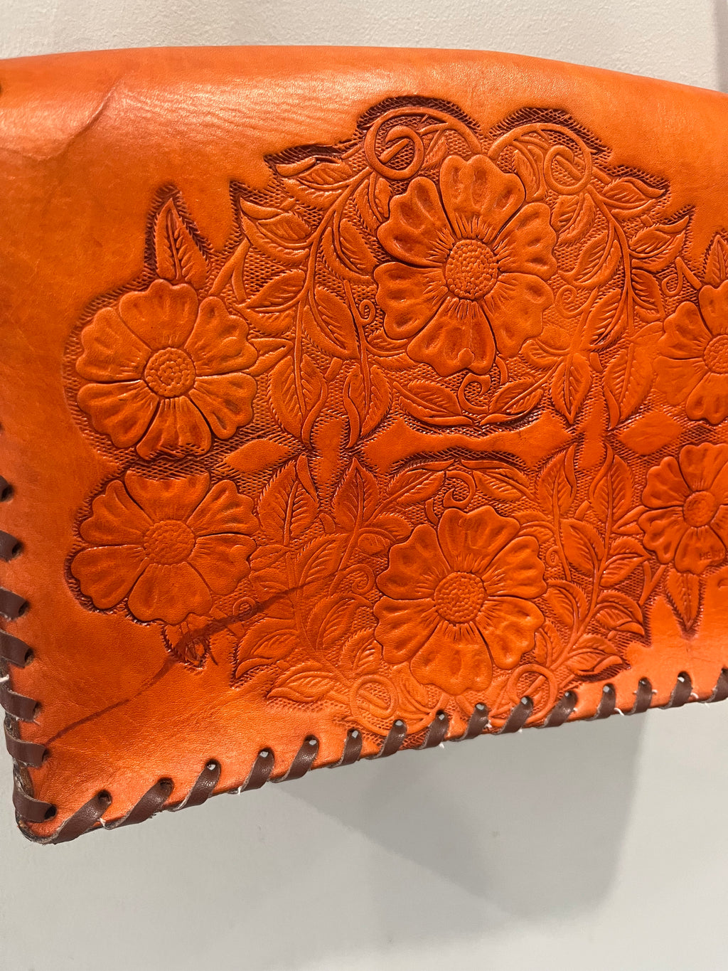 Used Vibrant Orange Hand Tooled Crossbody Purse