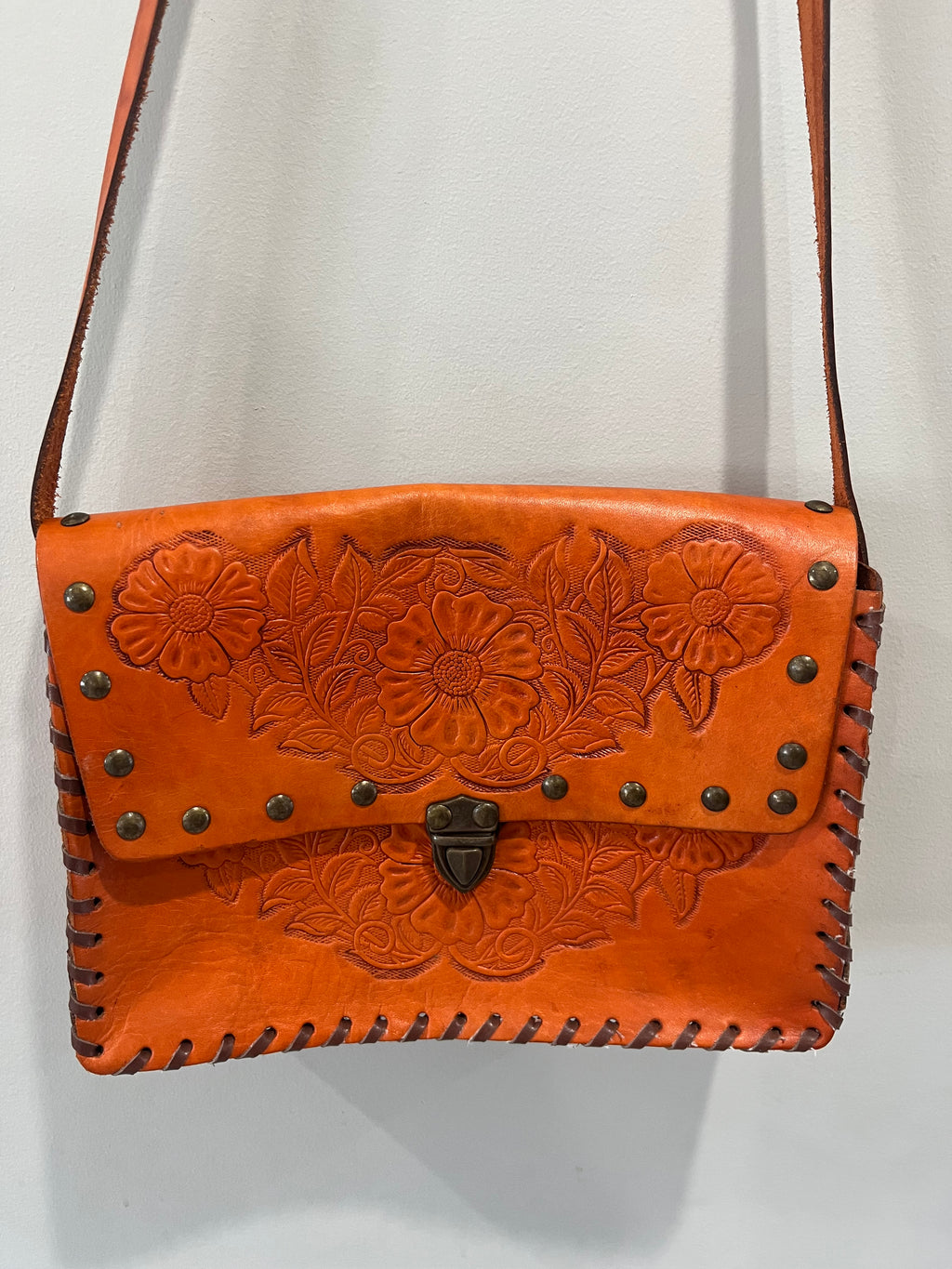 Used Vibrant Orange Hand Tooled Crossbody Purse
