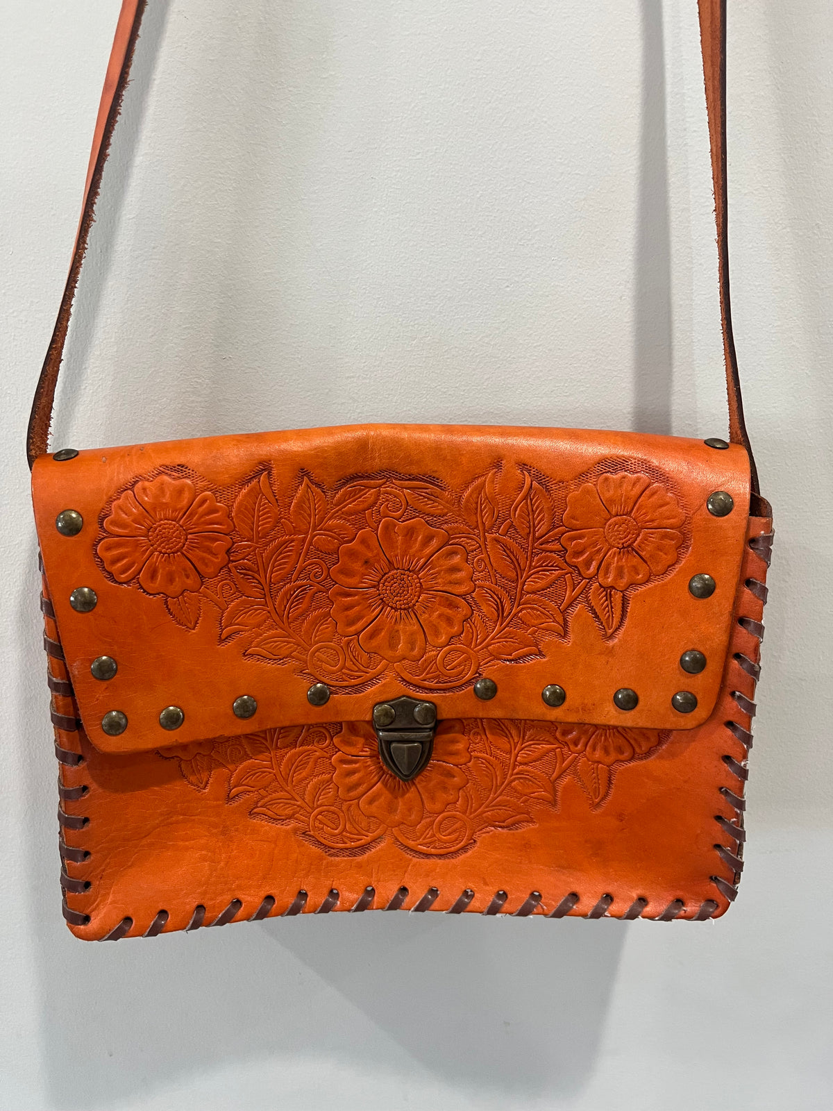 Used Vibrant Orange Hand Tooled Crossbody Purse