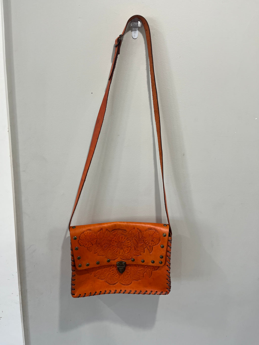 Used Vibrant Orange Hand Tooled Crossbody Purse