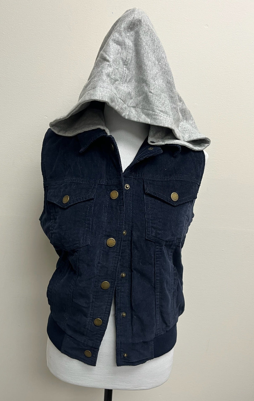 Used Women’s Blue Corduroy Vest With Removable Grey Hood