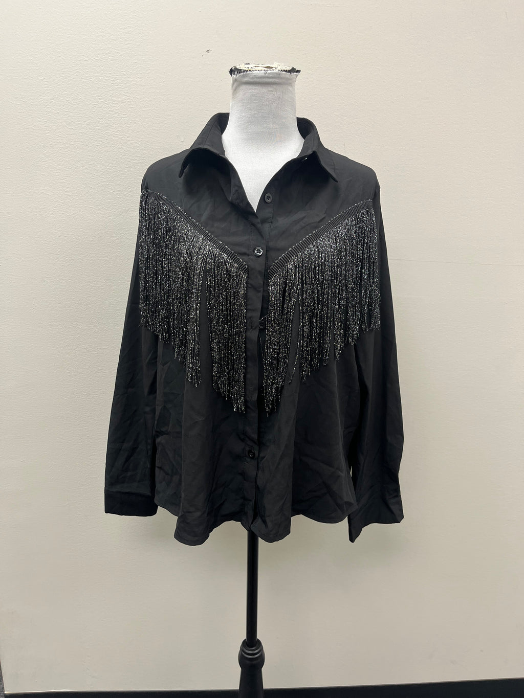 Used Women’s Black Button up Shirt with Tassles