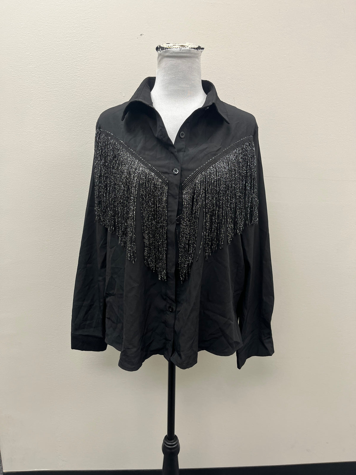 Used Women’s Black Button up Shirt with Tassles
