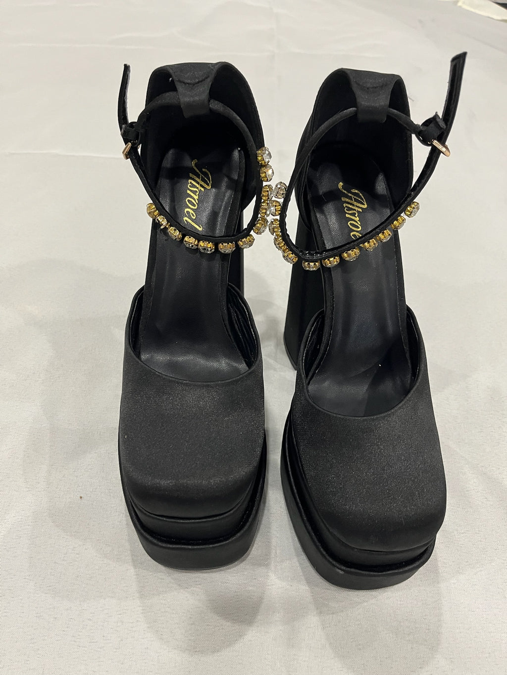 Women’s Black Chunky Heels With Rhinestone Ankle Strap image 0