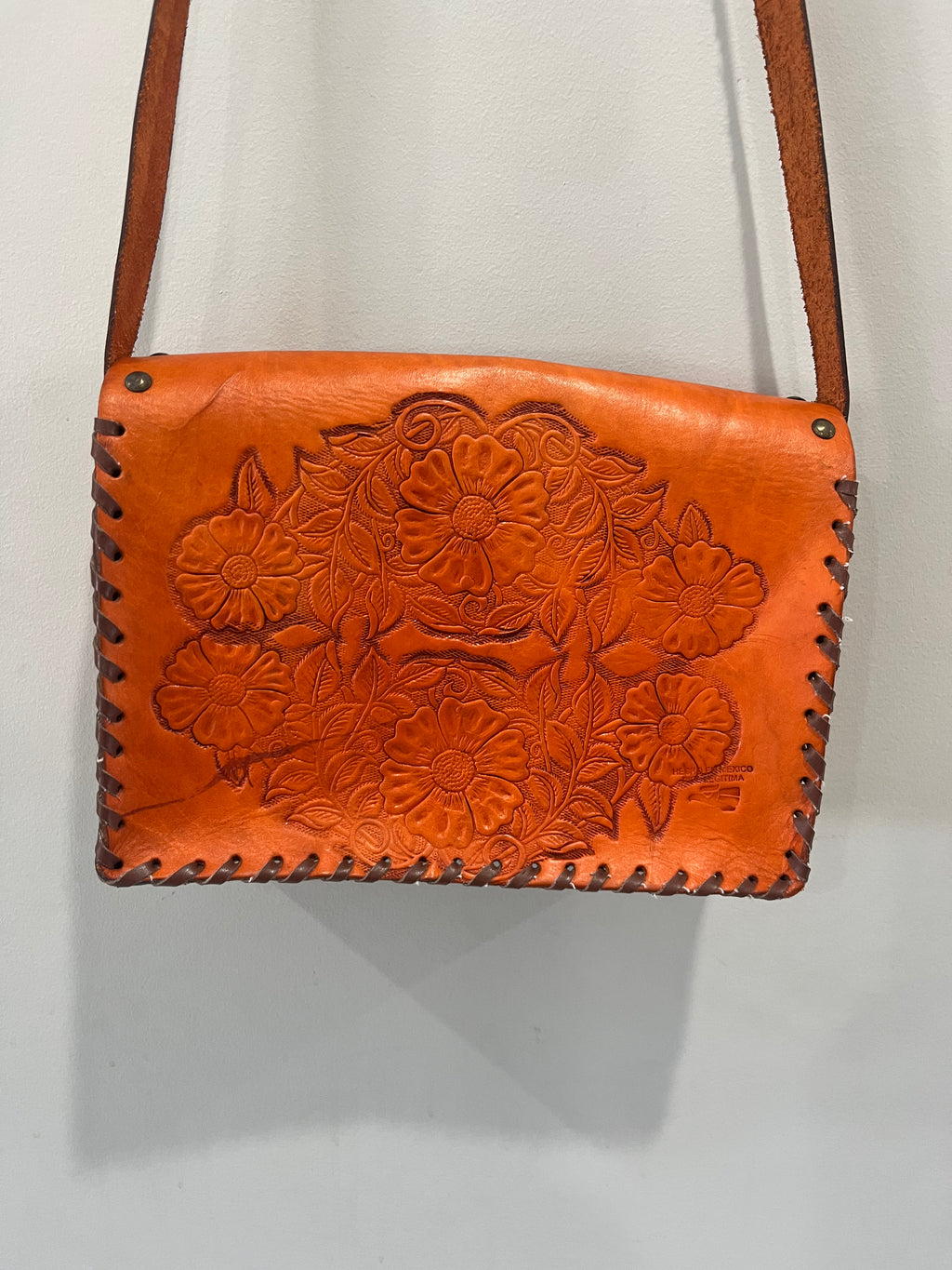 Used Vibrant Orange Hand Tooled Crossbody Purse