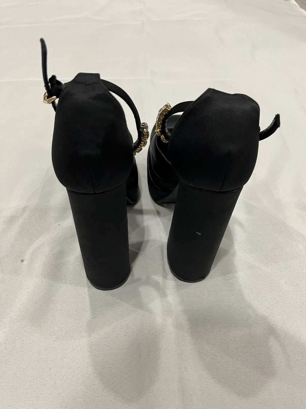 Women’s Black Chunky Heels With Rhinestone Ankle Strap image 2