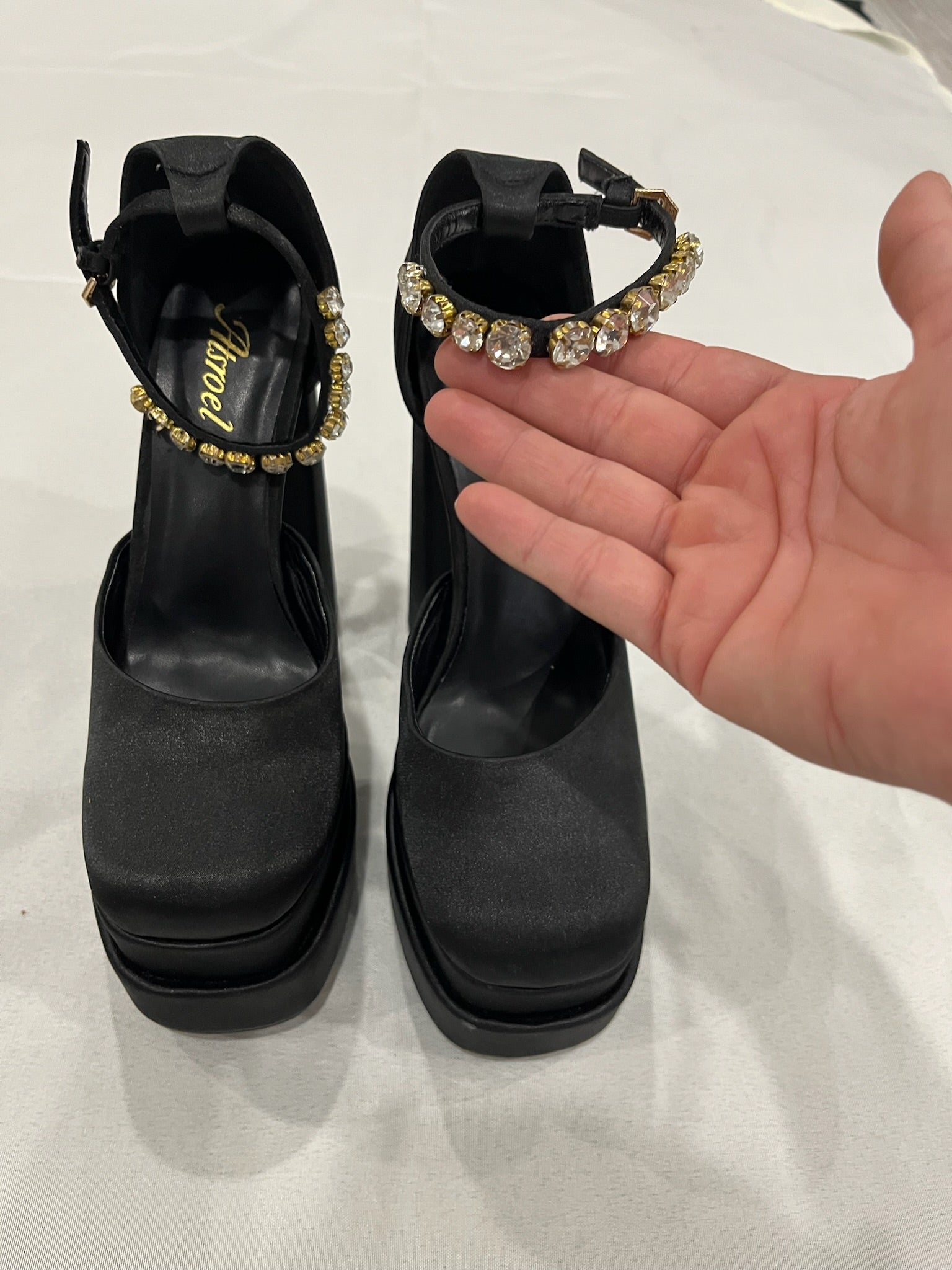 Women’s Black Chunky Heels With Rhinestone Ankle Strap image 4
