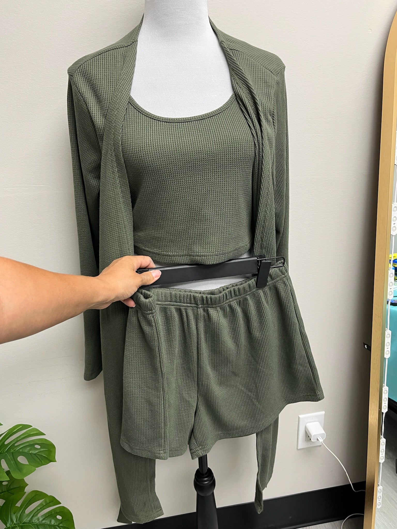 Used Women’s Three Piece Green Crop Top, Shorts & Cardigan Set