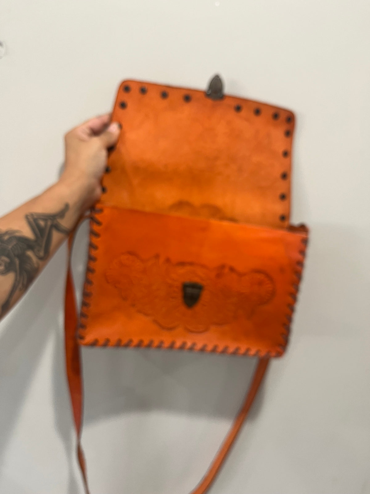 Used Vibrant Orange Hand Tooled Crossbody Purse
