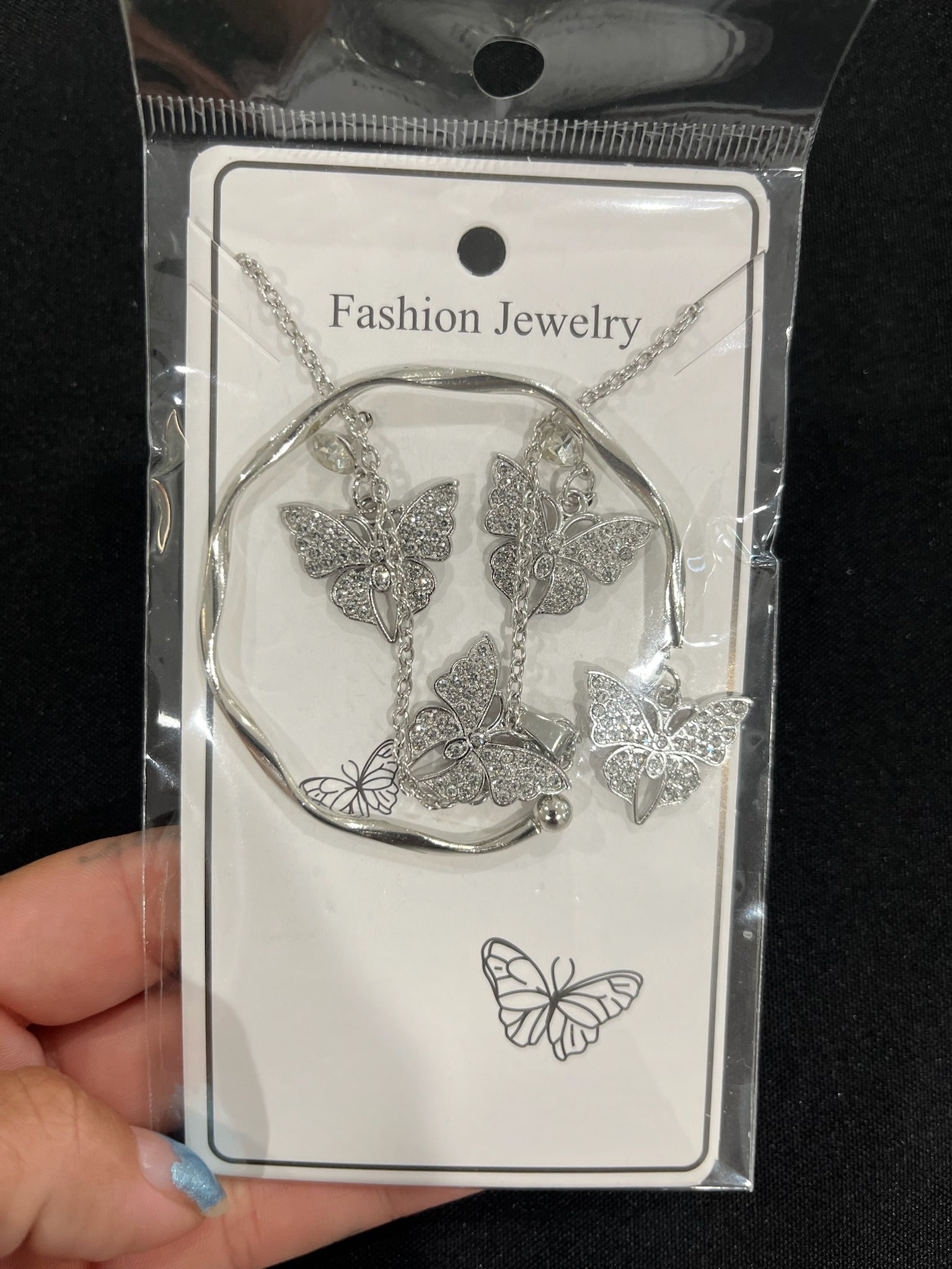 3 Piece Silver Butterfly Set; Earring, Necklace & Bangle image 0