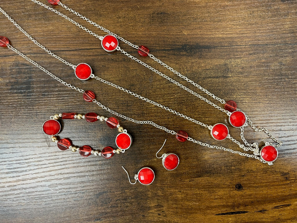 Used Three Piece Red Necklace, Earrings & Bracelet Set