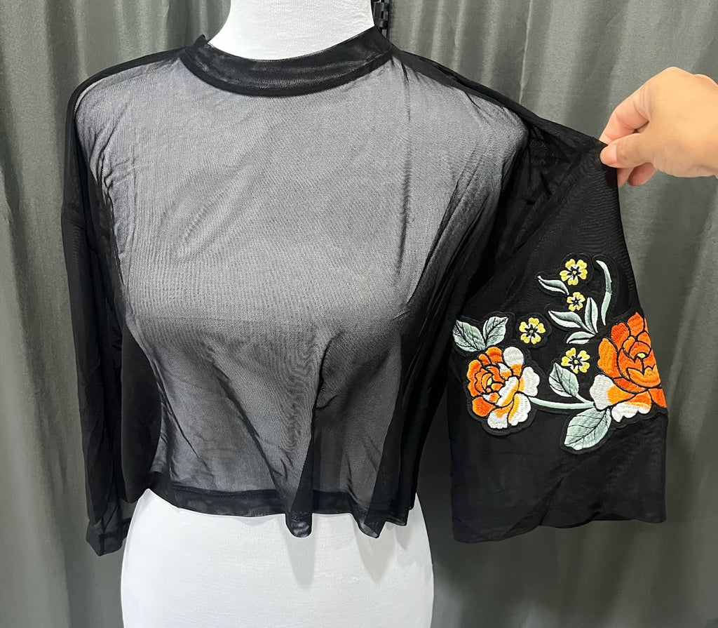 Women’s Black Mesh Floral Crop Top image 2