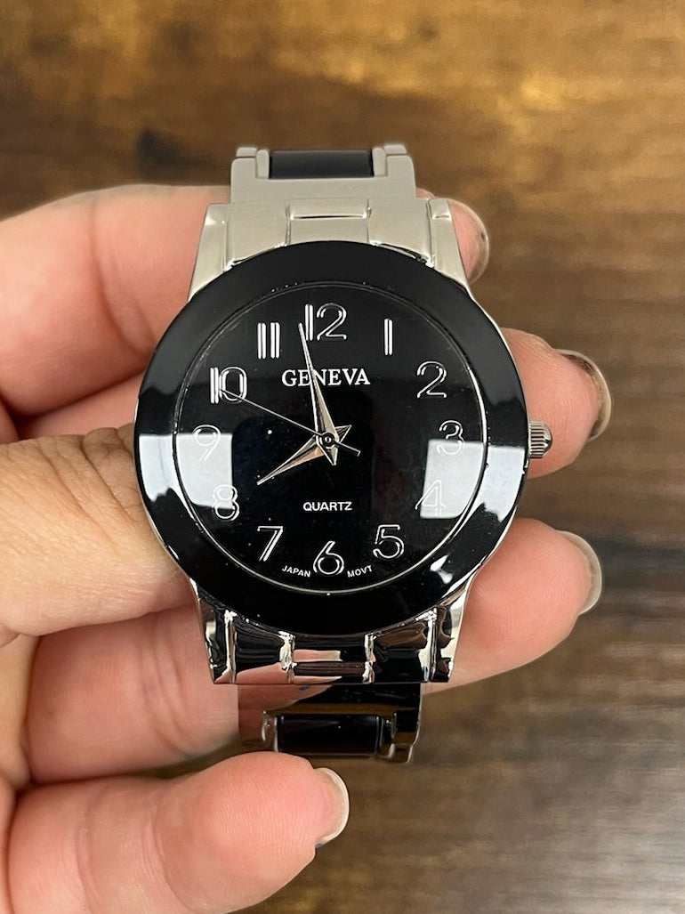 New Silver & Black Bangle Cuff Watch