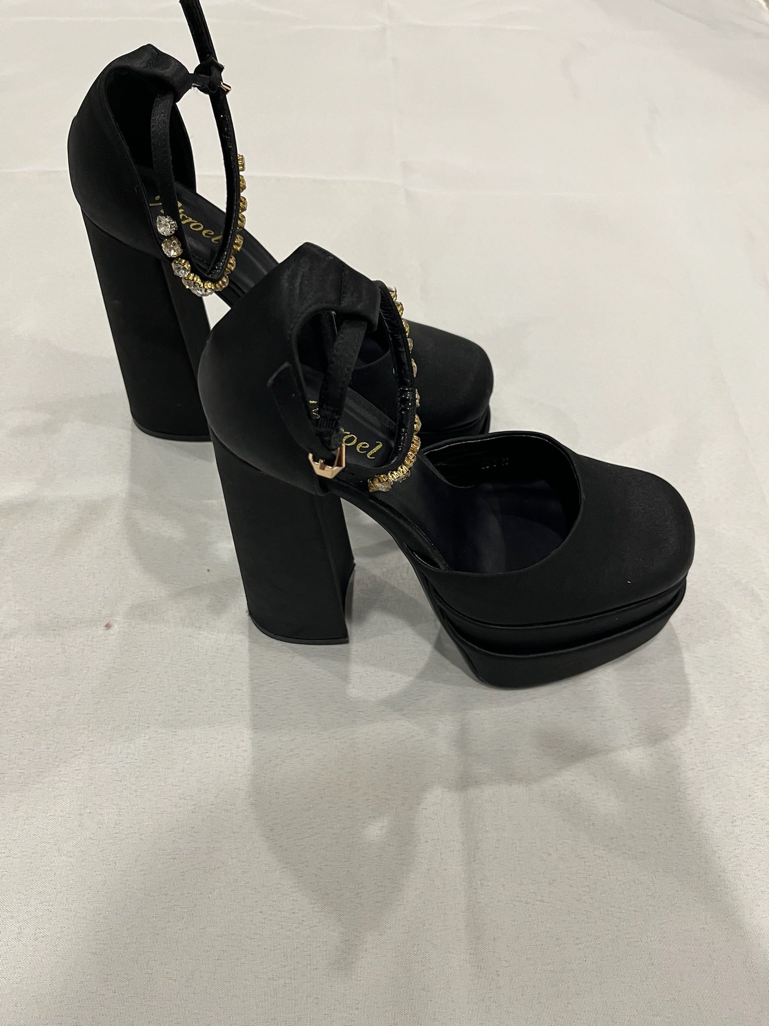Women’s Black Chunky Heels With Rhinestone Ankle Strap image 1