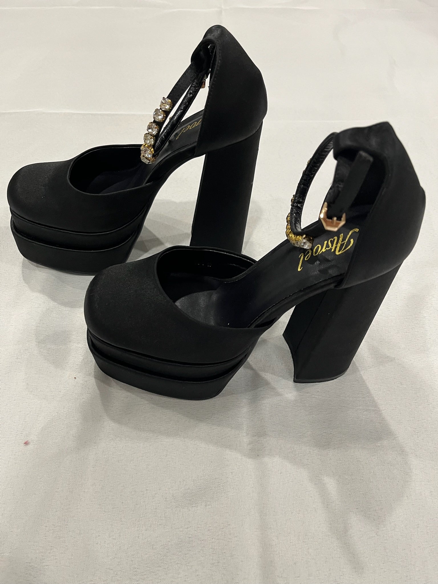 Women’s Black Chunky Heels With Rhinestone Ankle Strap image 3