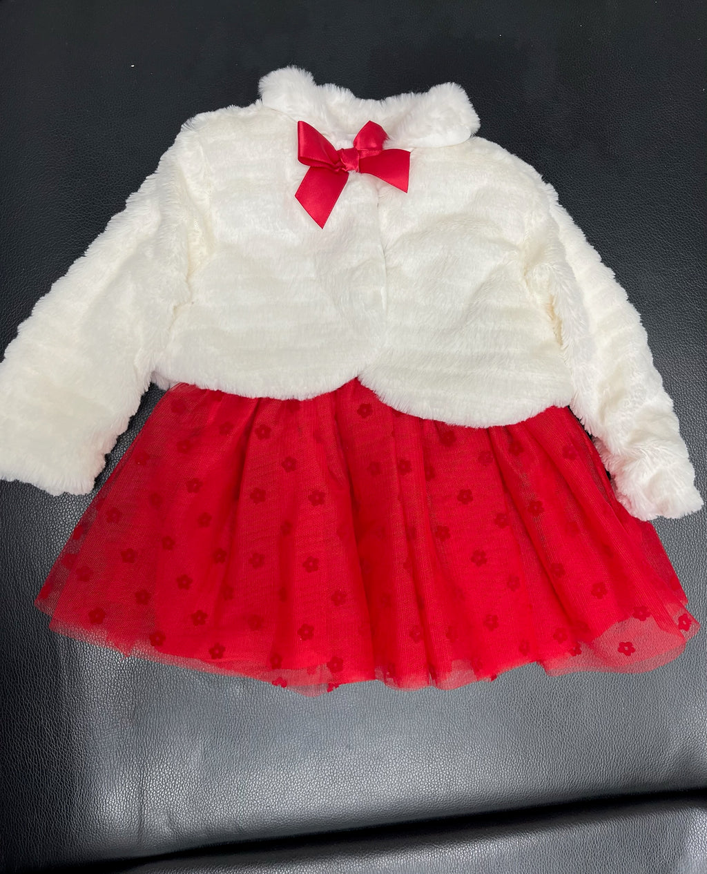 Three Piece Girls Red Dress, Underwear & White Fuzzy Sweater
