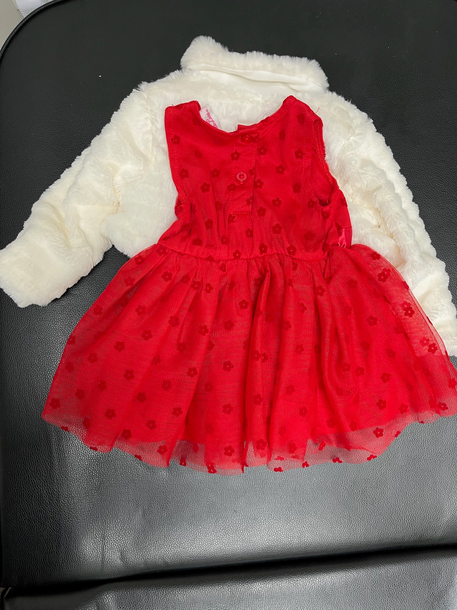 Three Piece Girls Red Dress, Underwear & White Fuzzy Sweater