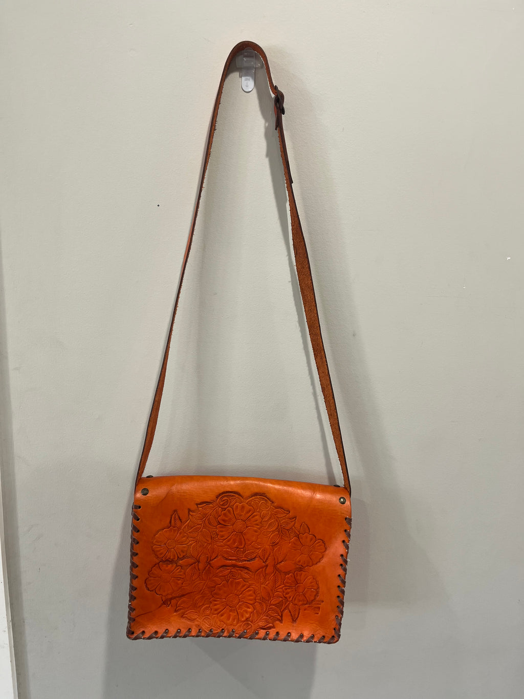 Used Vibrant Orange Hand Tooled Crossbody Purse
