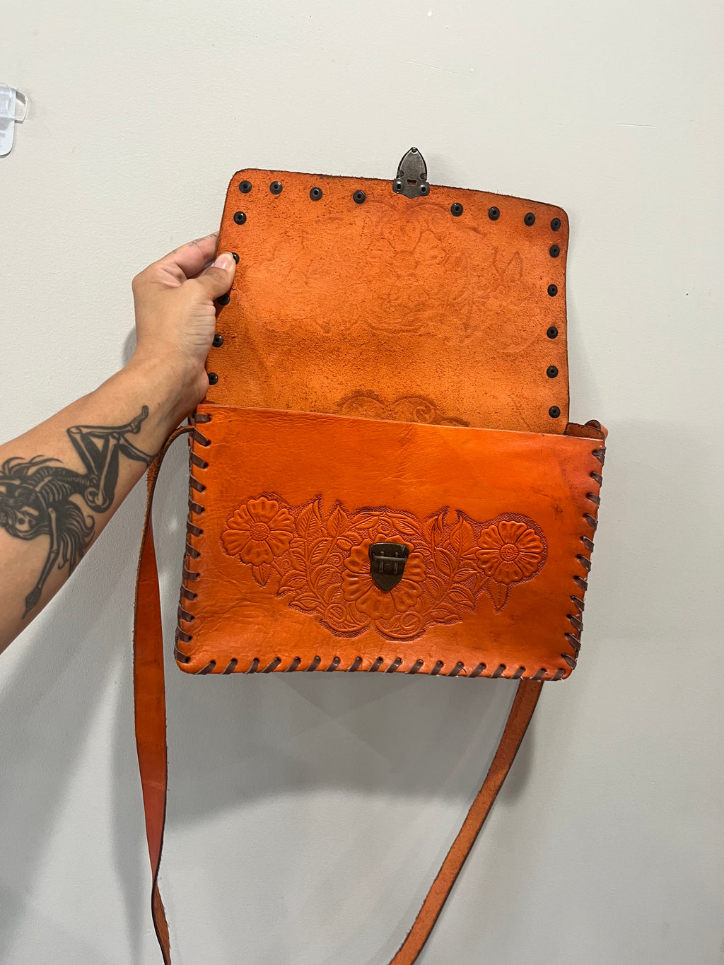 Used Vibrant Orange Hand Tooled Crossbody Purse