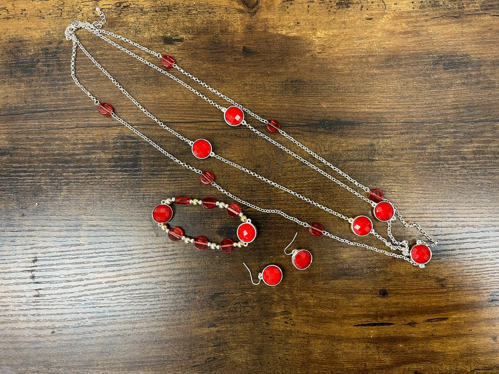 Used Three Piece Red Necklace, Earrings & Bracelet Set