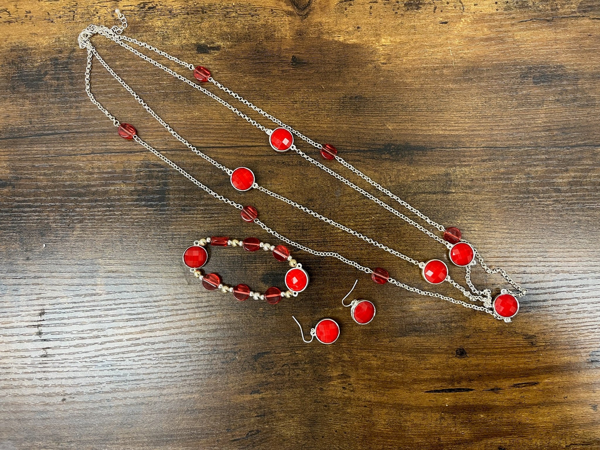Used Three Piece Red Necklace, Earrings & Bracelet Set