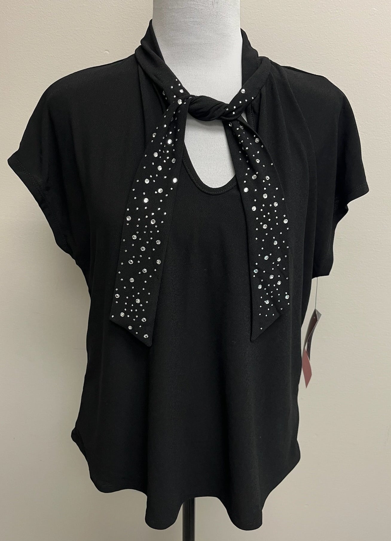 New Women’s Black Shirt With Rhinestone Tie