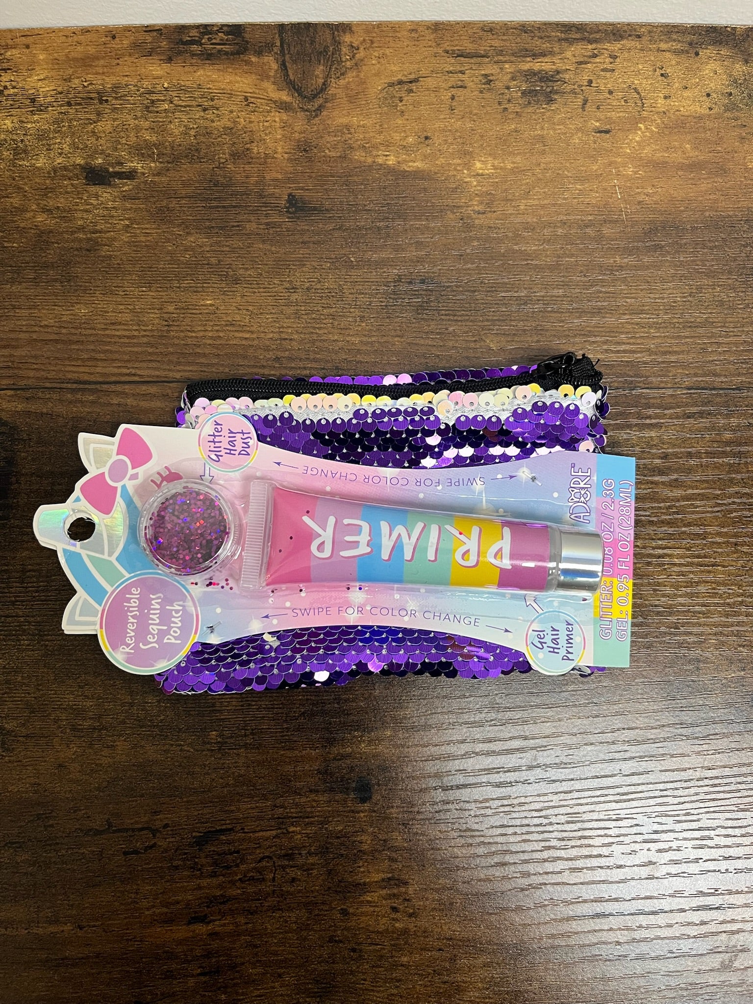New 3 Piece Sequin Pouch, Hair Primer & Hair Glitter Set